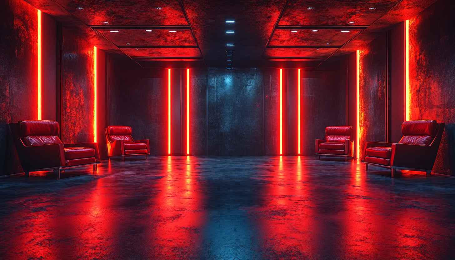 Red Neon Lit Interior 4K Desktop Wallpaper Modern Design