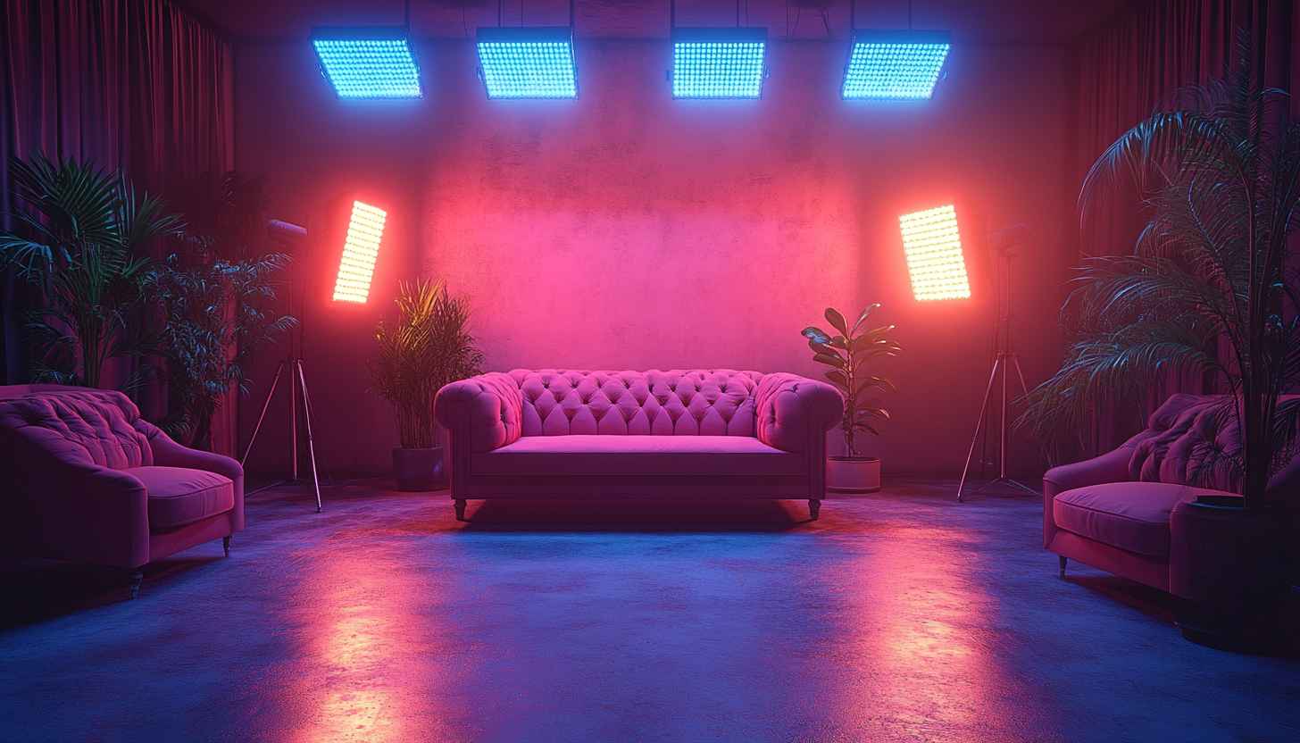 Vibrant Retro Interior 4K Desktop Background, Neon Lit Wallpaper