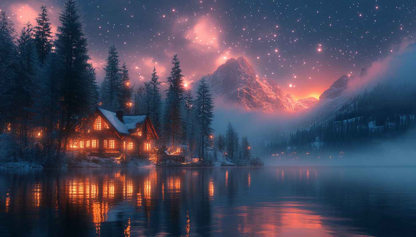 Cozy Cabin by Lake 4K Wallpaper, Winter Night Background