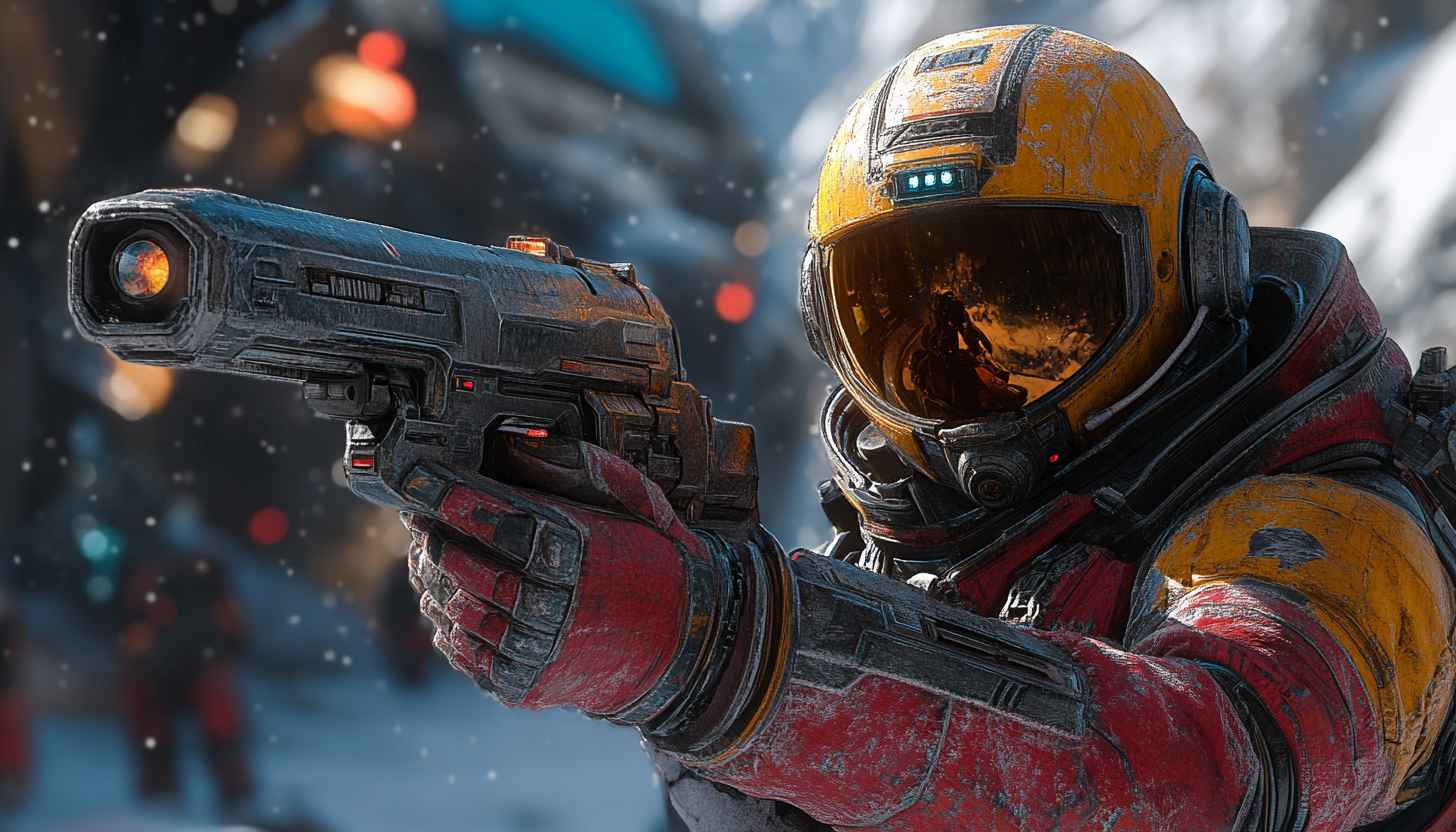 Sci-Fi Astronaut Holding Futuristic Gun 4K Desktop Wallpaper Free