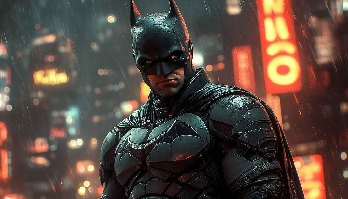 Batman Raining Night City 4K Desktop Mobile Wallpaper
