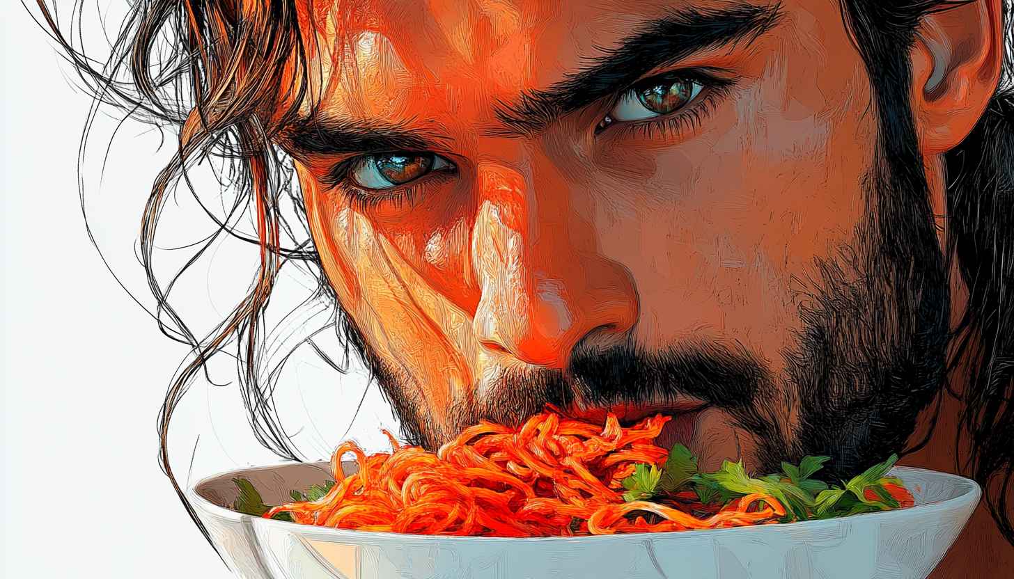 Artistic Portrait of a Man Eating Noodles 4K Wallpaper