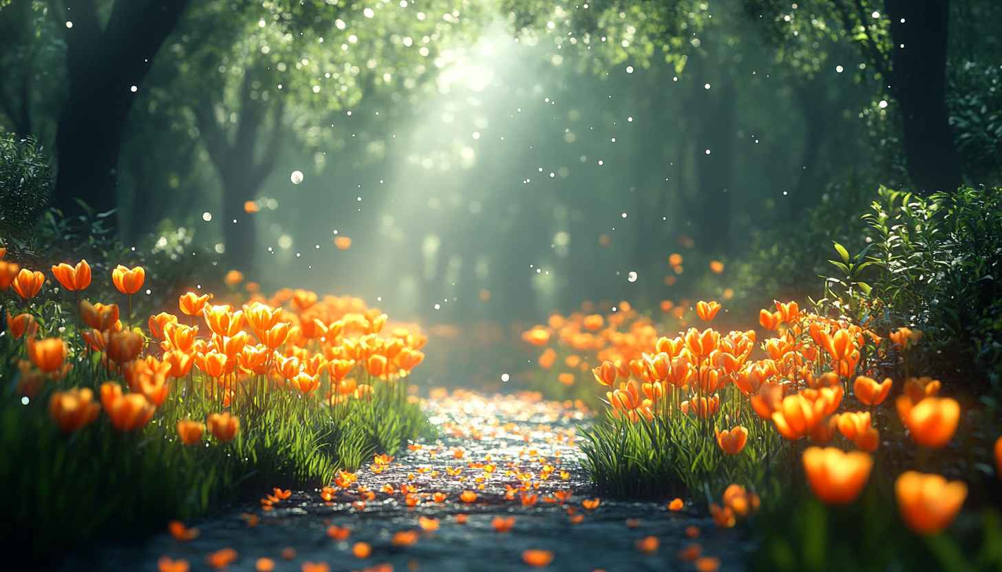 Orange Tulip Flowers Path, Forest Spring 4K Mobile Wallpaper