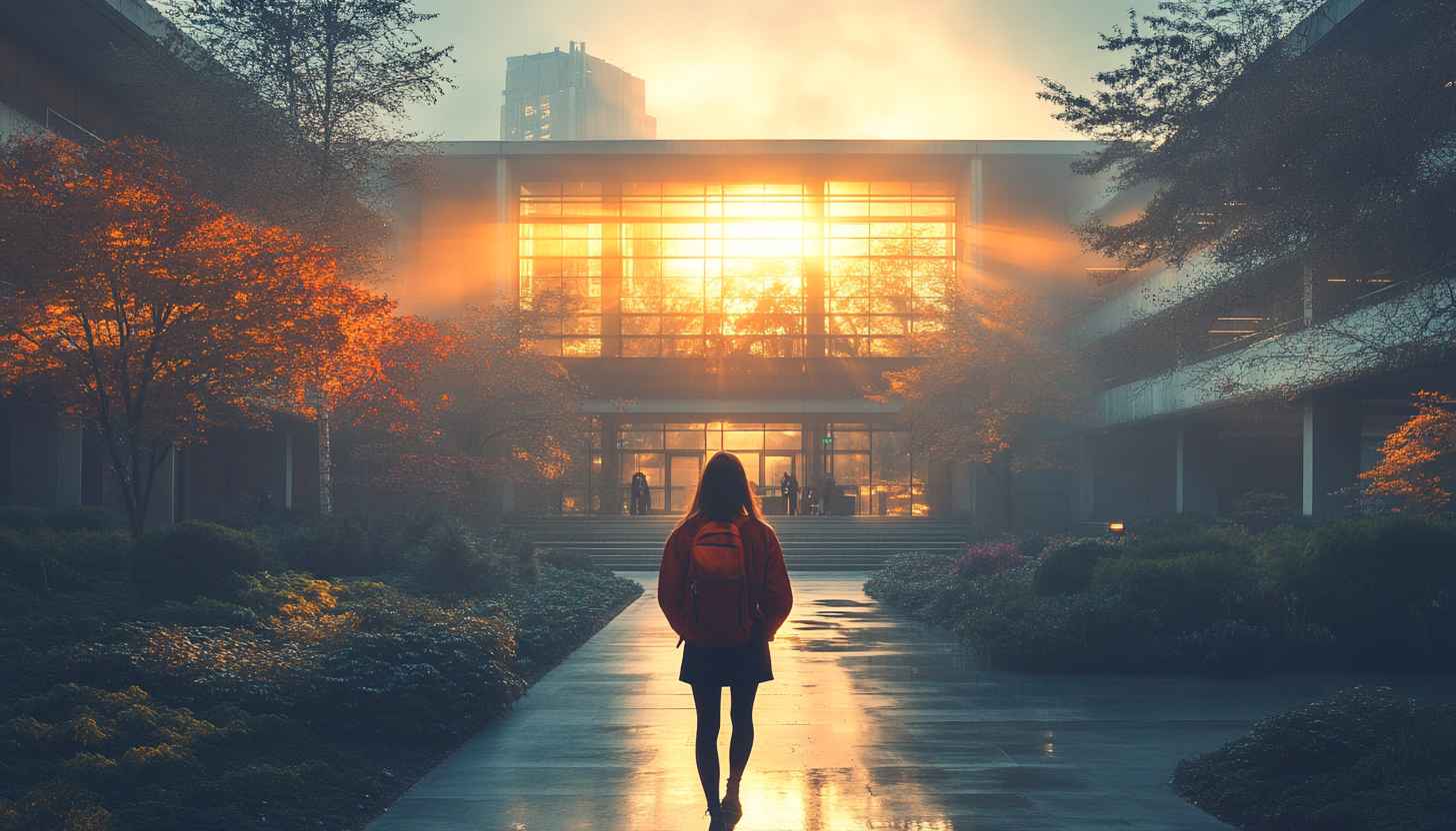 Girl Walking Towards Glowing Building Golden Hour Mobile Wallpaper