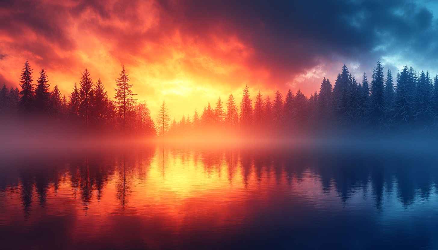 Fiery Sunset Lake Reflection 4K Desktop Background Wallpaper
