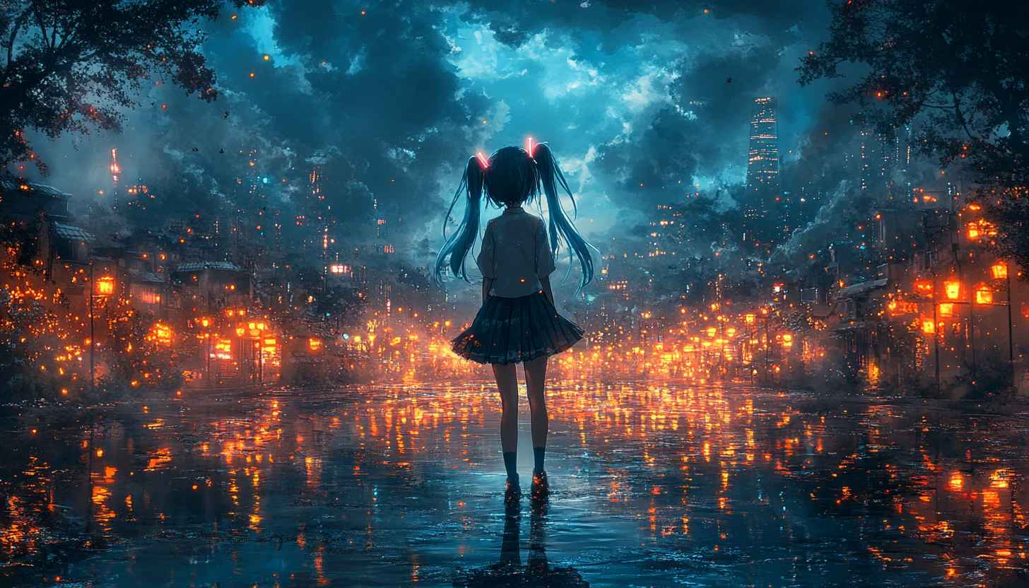 Anime Girl Cityscape Lights 4K Mobile Desktop Wallpaper Background
