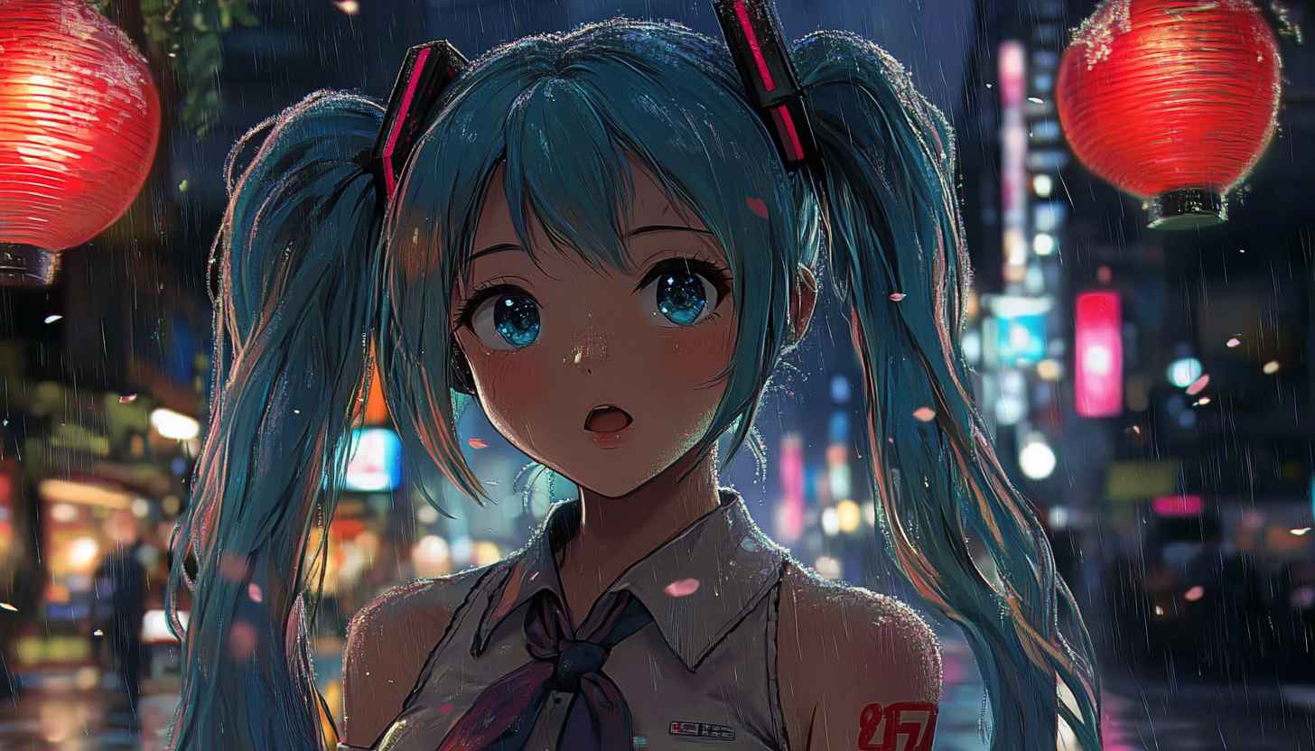 Hatsune Miku Rainy City 4K Wallpaper for Desktop and Mobile
