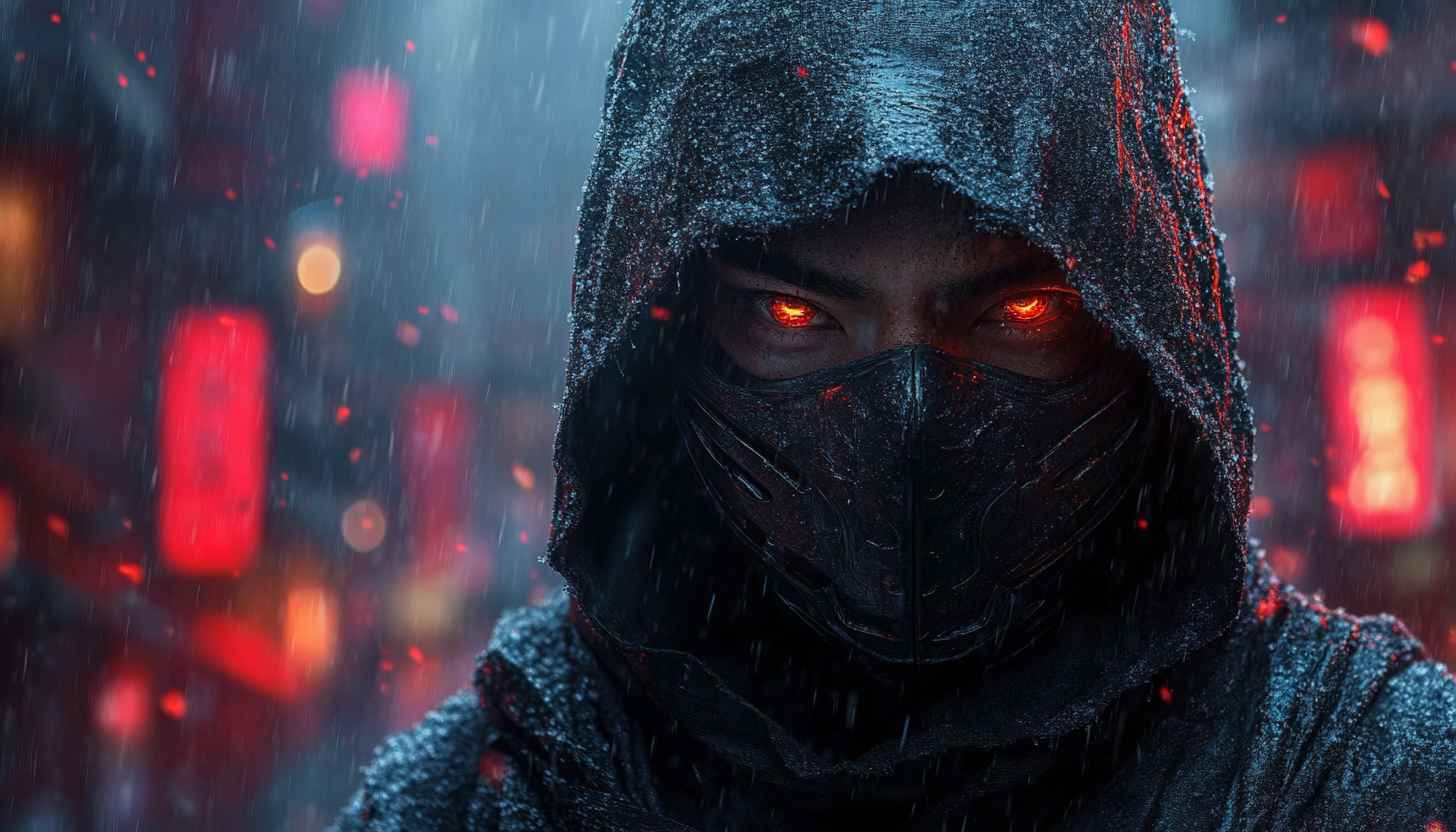 Cyberpunk Ninja with Glowing Eyes 4K Mobile Phone Wallpaper