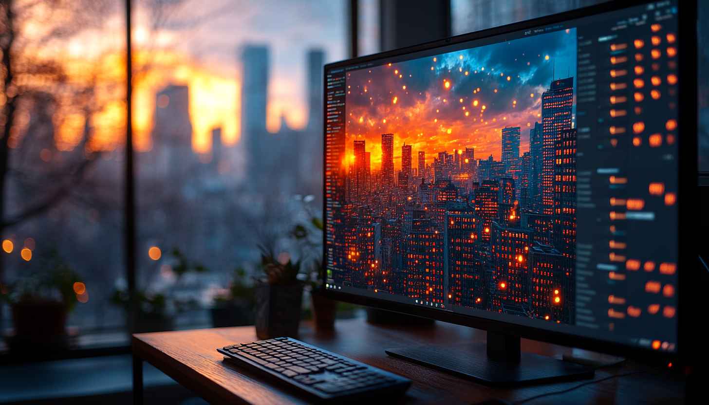 Coding Screen Cityscape Aesthetic Wallpaper 4K Desktop Background