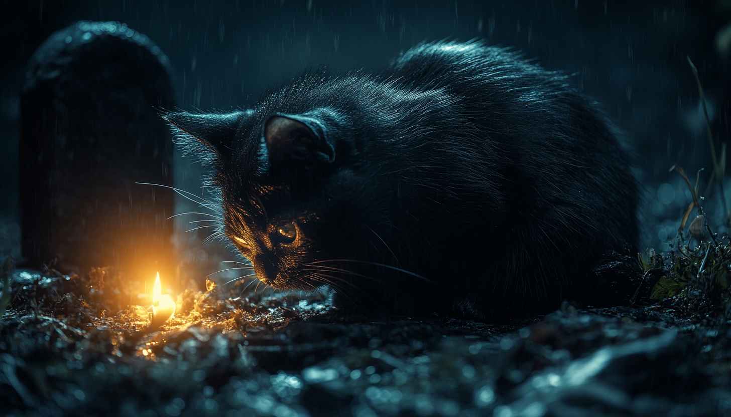 Black Cat Rainy Night Wallpaper, Candlelight Desktop Background