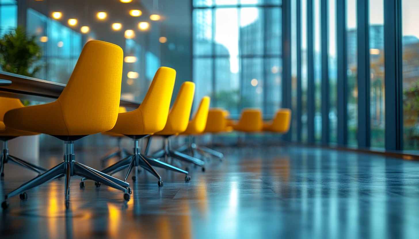 Modern Office Interior Yellow Chairs 4K Desktop Wallpaper Background