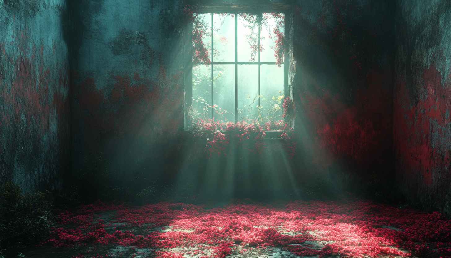 Dreamy Window View with Red Flowers 4K Desktop Background