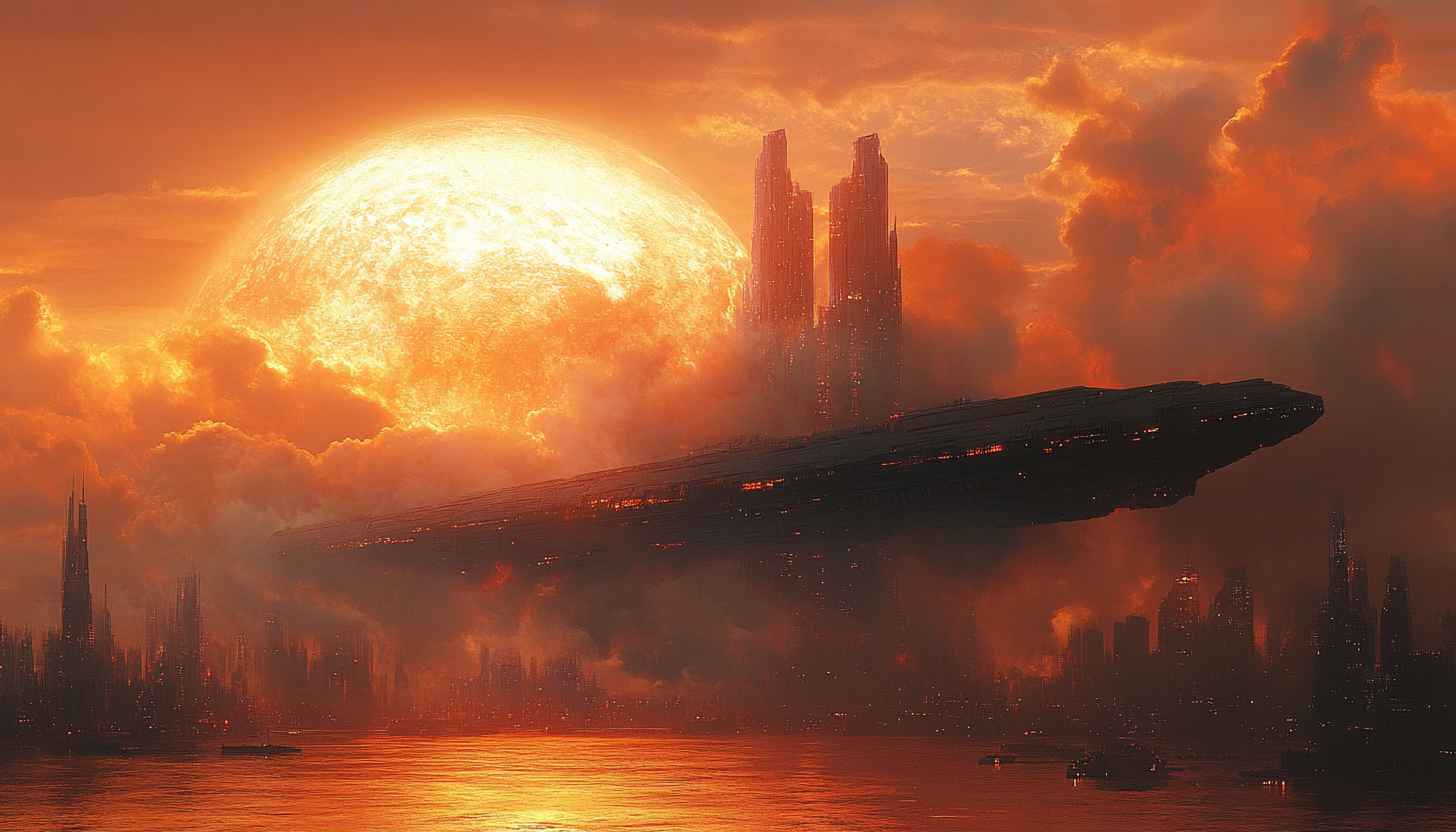 Science Fiction Cityscape 4K Wallpaper: Futuristic Spaceship Over Orange Skyline