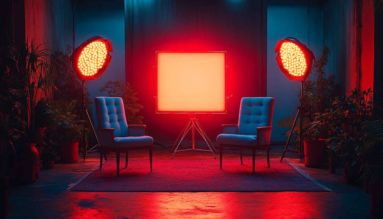 Podcast Room Setup Background, Blue Chairs Red Lighting Mobile Wallpaper