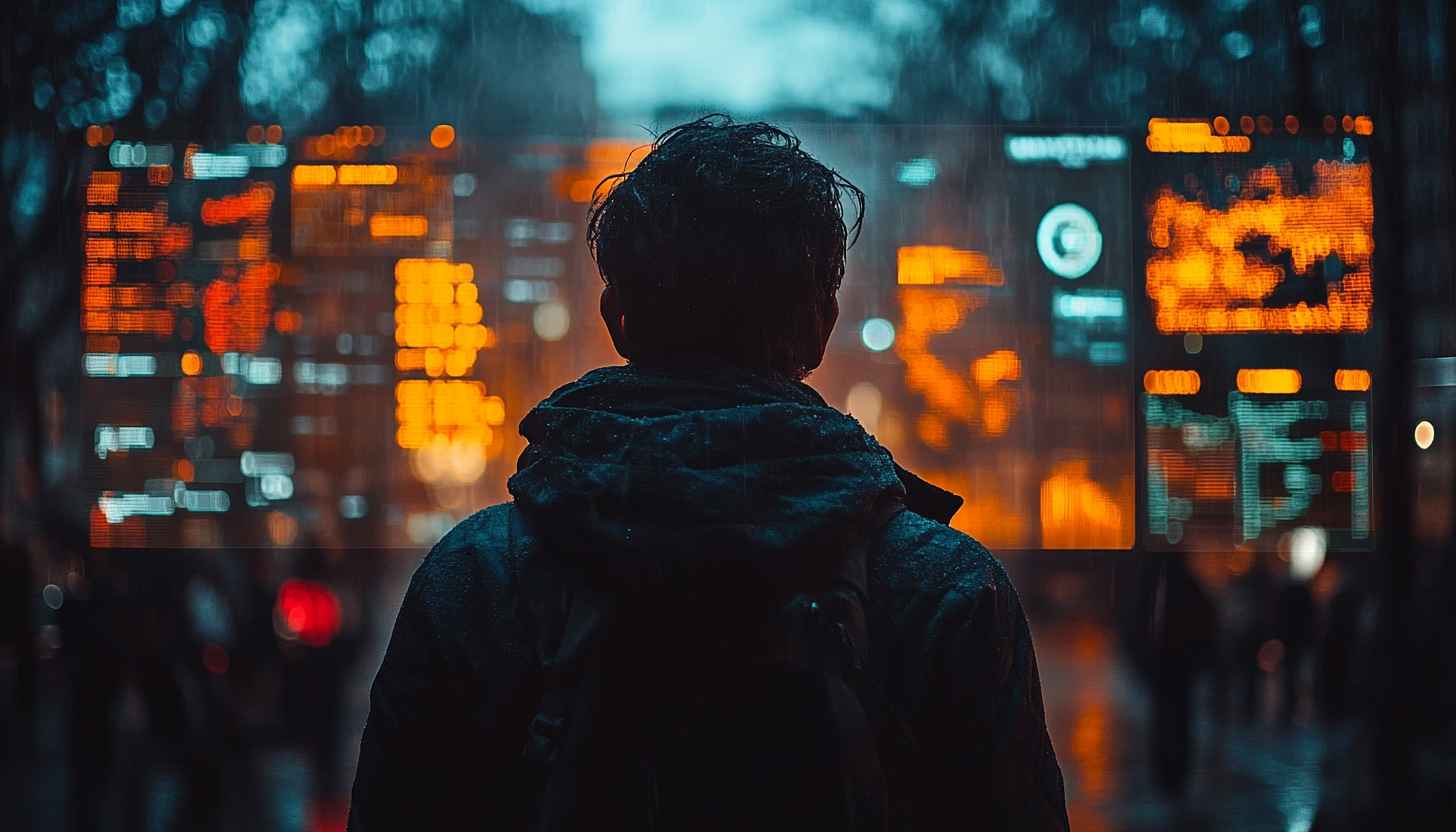 Cyberpunk Cityscape 4K Desktop Background Man Looking At Screens