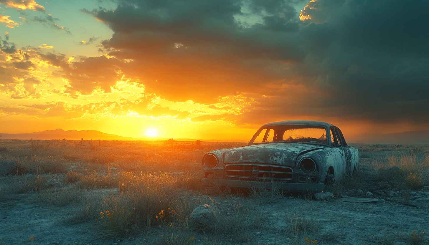 Vintage Car Sunset Landscape Mobile Wallpaper Free Desktop Background