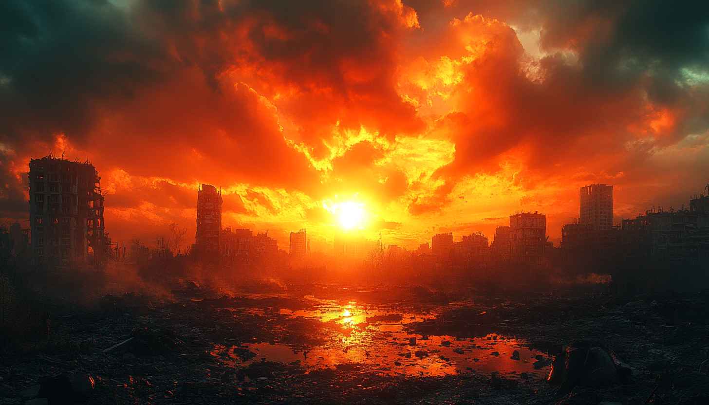 Apocalyptic Cityscape 4K Wallpaper, Dramatic Sunset Mobile Background