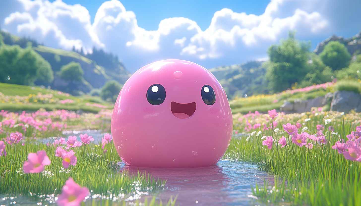 Cute Pink Blob in Field 4K Desktop Mobile Background Wallpaper