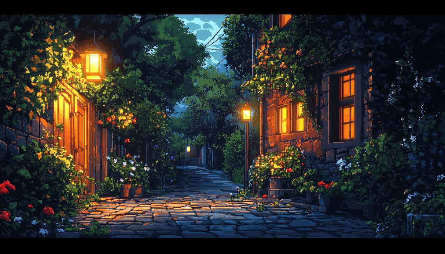 Pixel Art Alleyway at Night Desktop Wallpaper Free Background