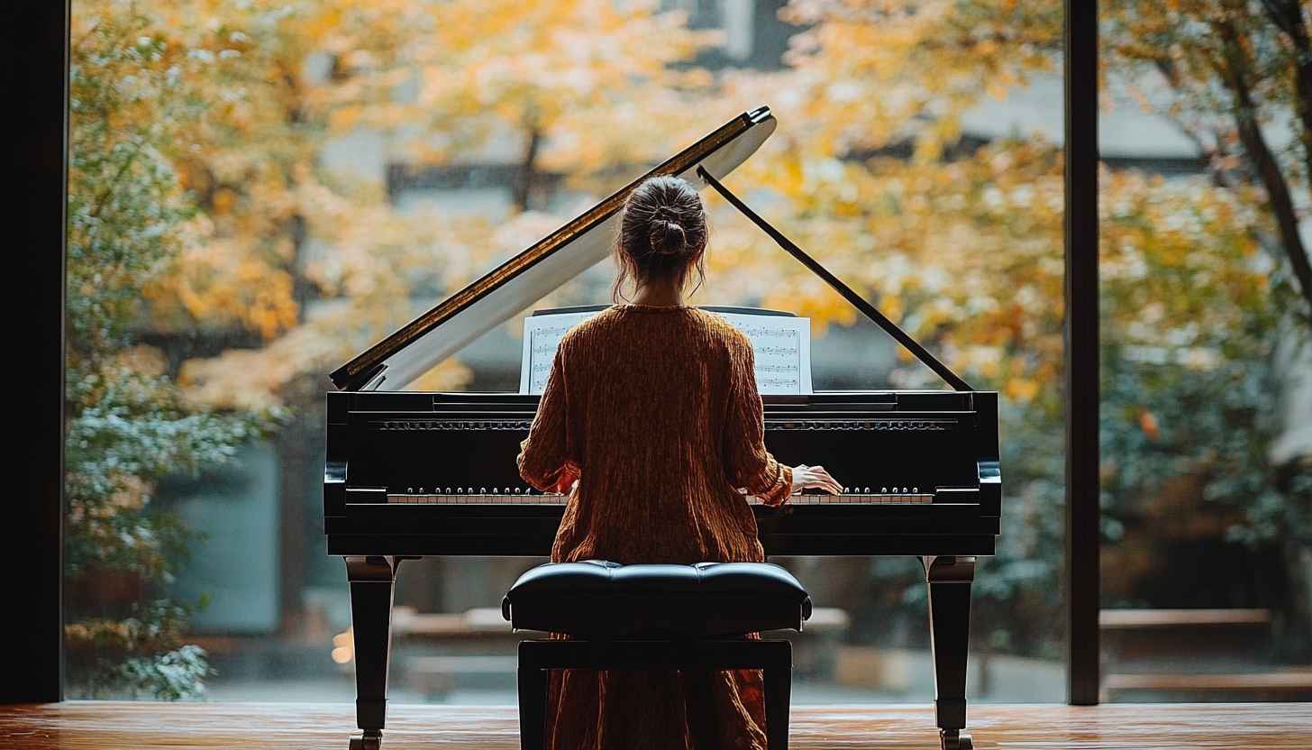 Autumn Piano Player 4K Wallpaper - Free Desktop Background