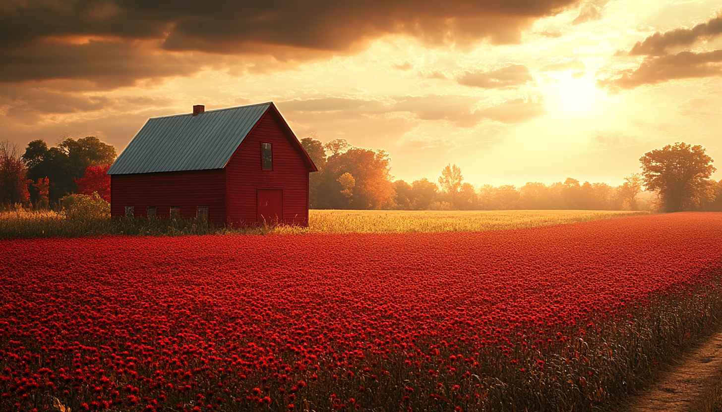 Red Flowers Barn 4K Desktop Wallpaper, Free Nature Mobile Background