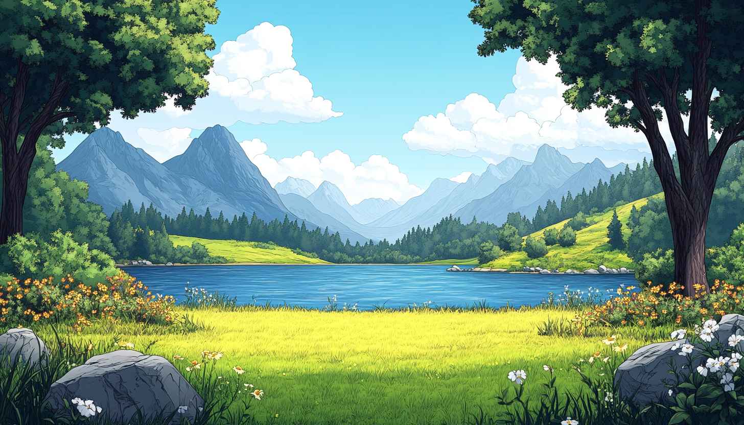 Cartoon Lake Mountain Landscape Wallpaper 4K Desktop Background Nature Scenery