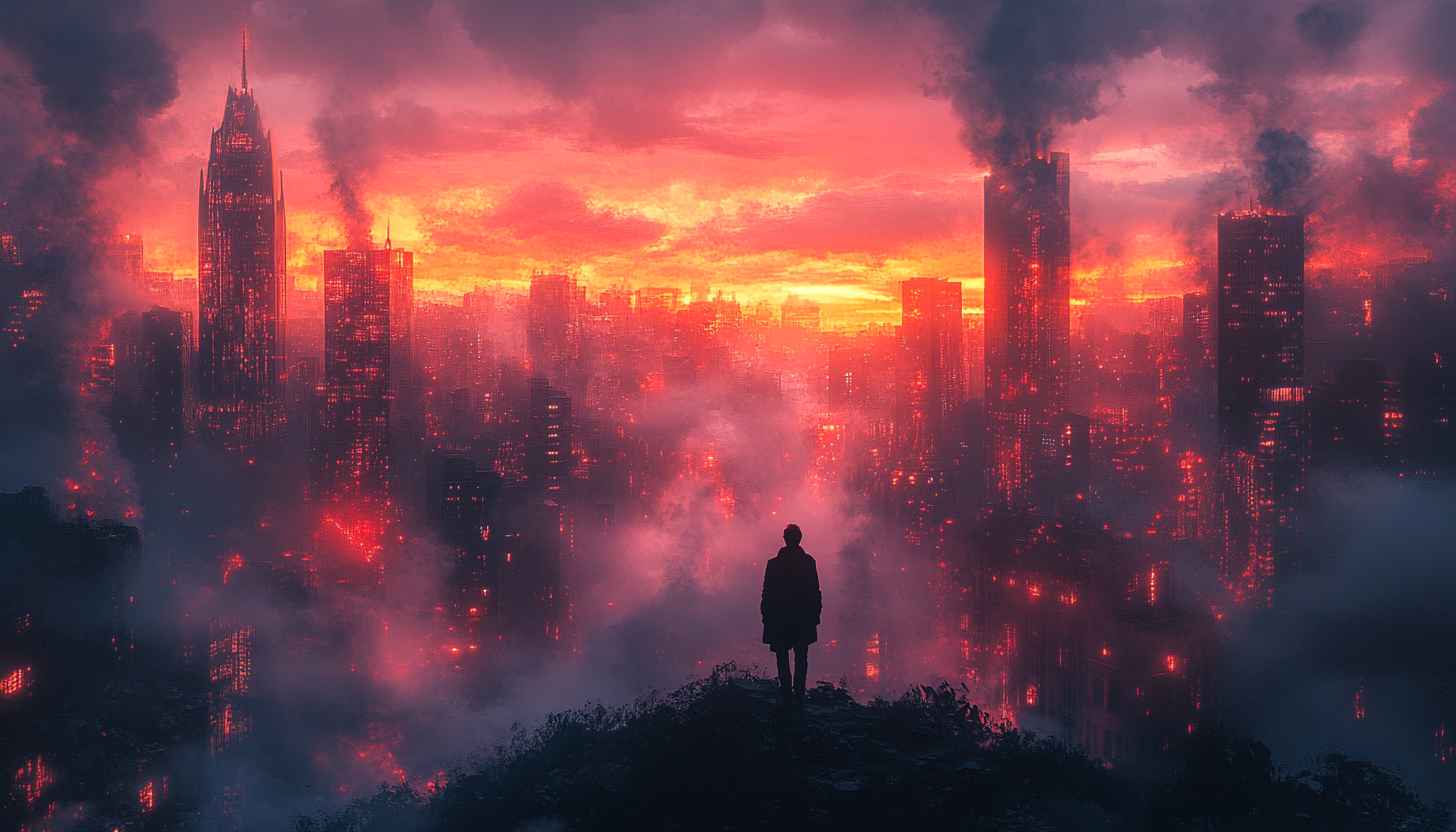 Dystopian Cityscape Mobile Wallpaper: Burning City 4K Desktop Background