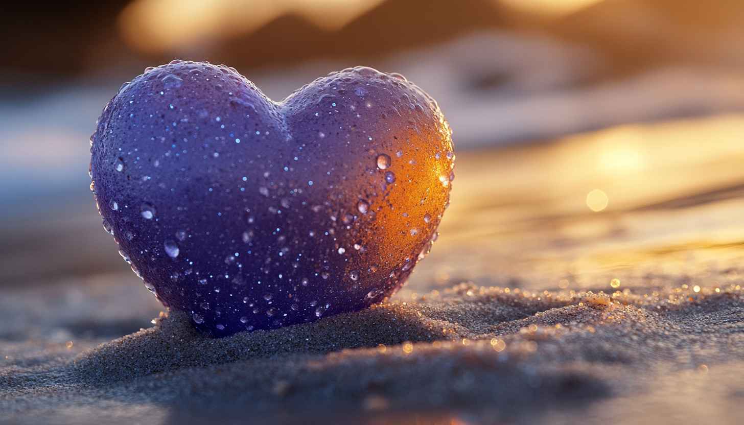 Purple Heart Water Drops on Sand Mobile Background Wallpaper