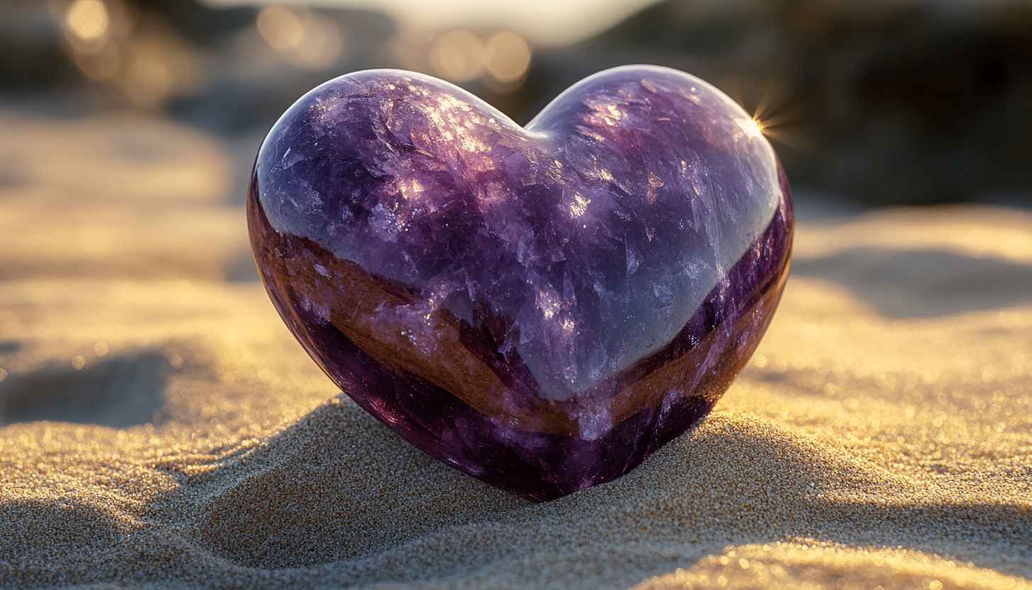 Amethyst Heart Gemstone on Sand Beach Mobile Wallpaper Background