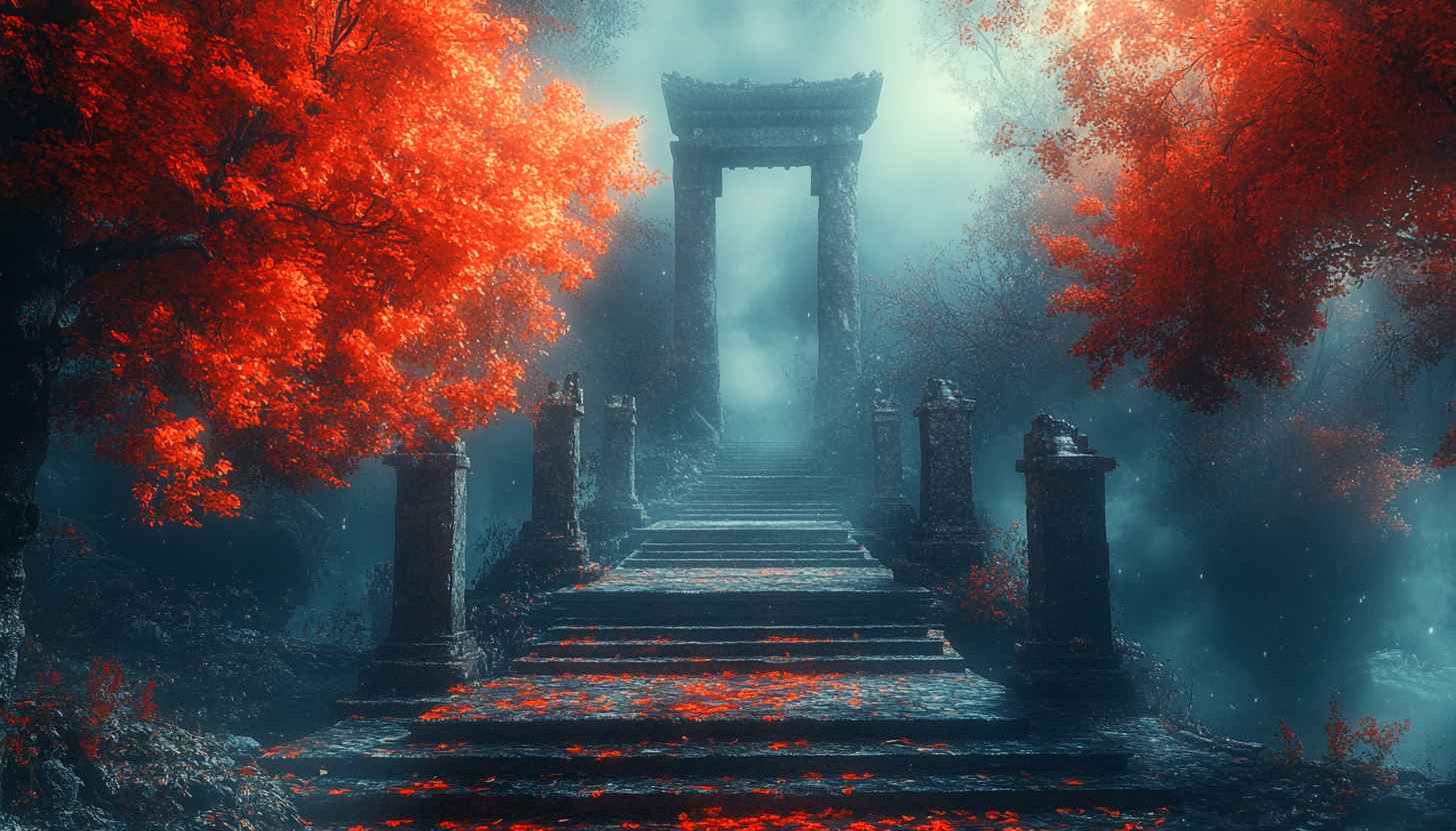 Fantasy Autumnal Temple Stairs 4K Desktop Wallpaper Mobile Background