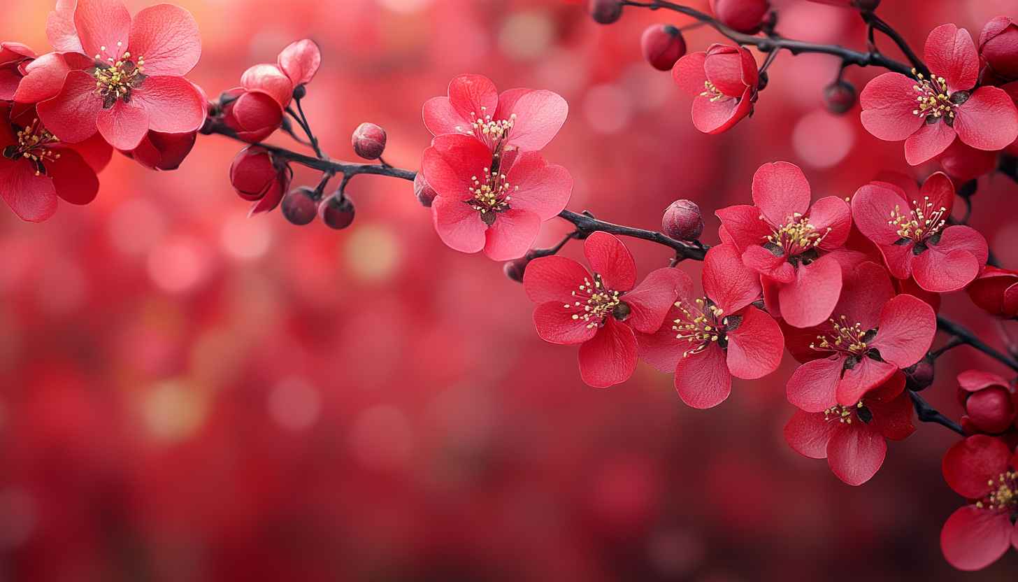 Red Quince Flowers Branch Desktop Background, Elegant Floral Mobile Wallpaper
