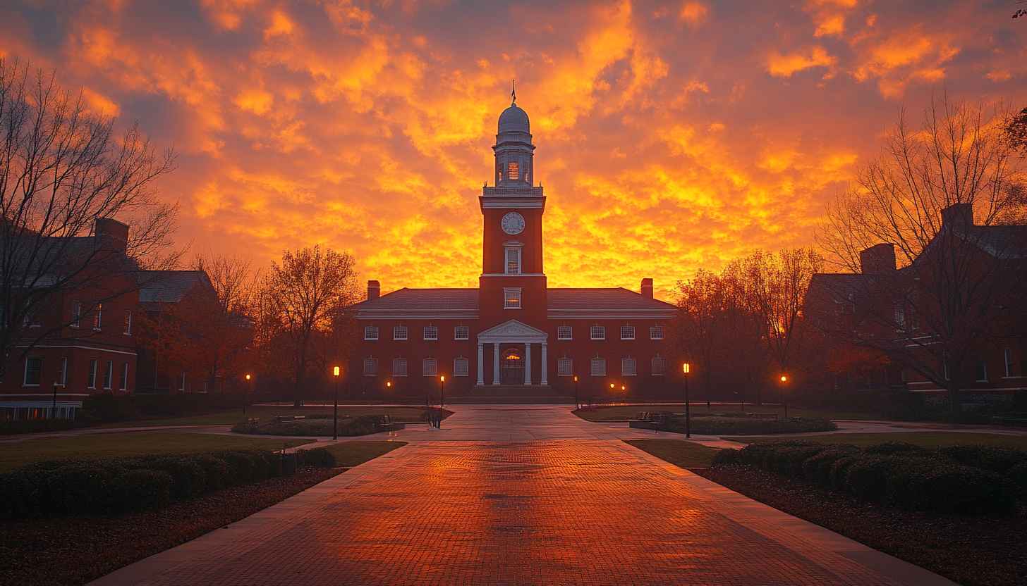 Fiery Sunset Building Campus 4K Desktop Background Mobile Wallpaper