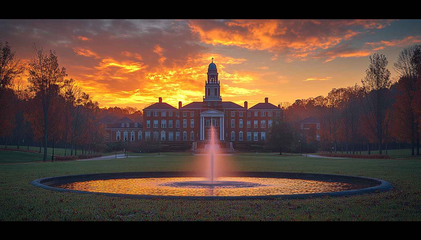 College Building Sunset Wallpaper 4K Desktop Background Autumn Trees Fountain