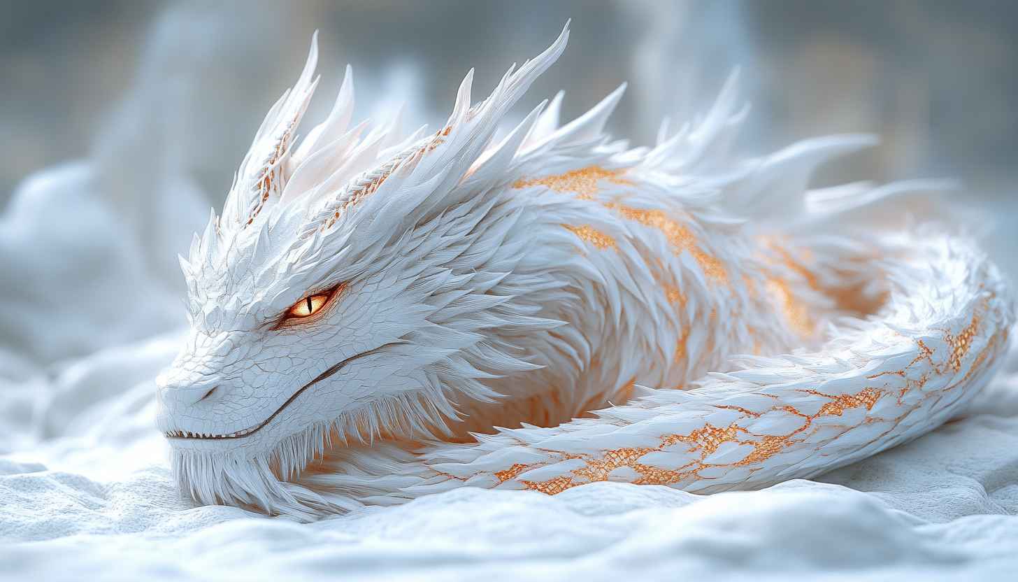 White Dragon with Golden Details 4K Desktop Background Wallpaper