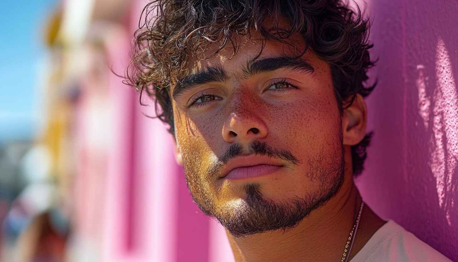 Handsome man portrait brown hair freckles pink wall mobile wallpaper