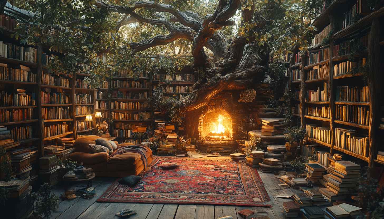 Cozy Fireplace Library Room Wallpaper 4K Desktop Background