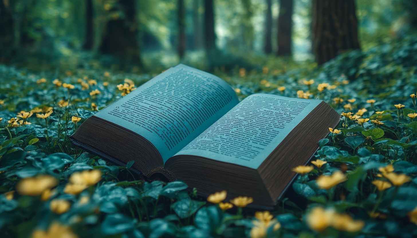 Open Book in Forest Flowers Wallpaper, Dreamy Nature Background