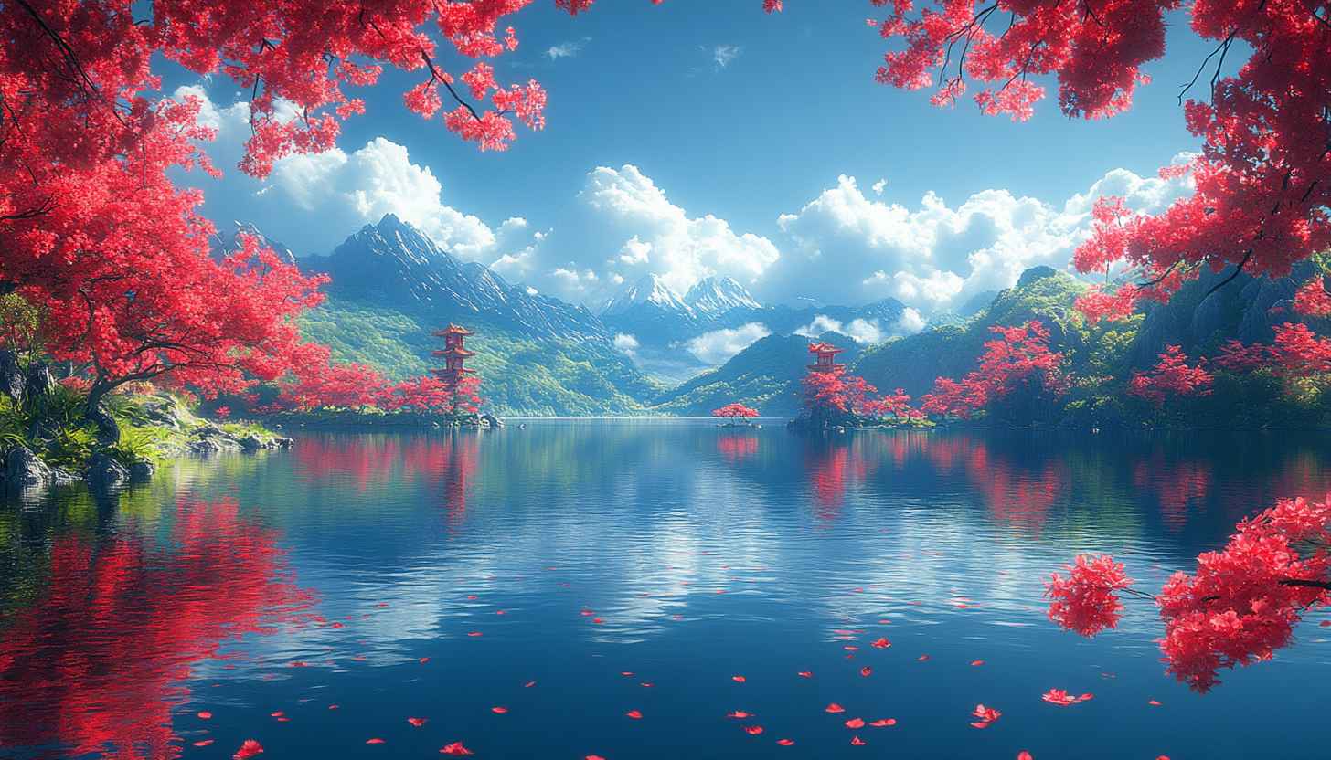 Scenic Lake with Pagodas Desktop Wallpaper, Japanese Garden Background 4K