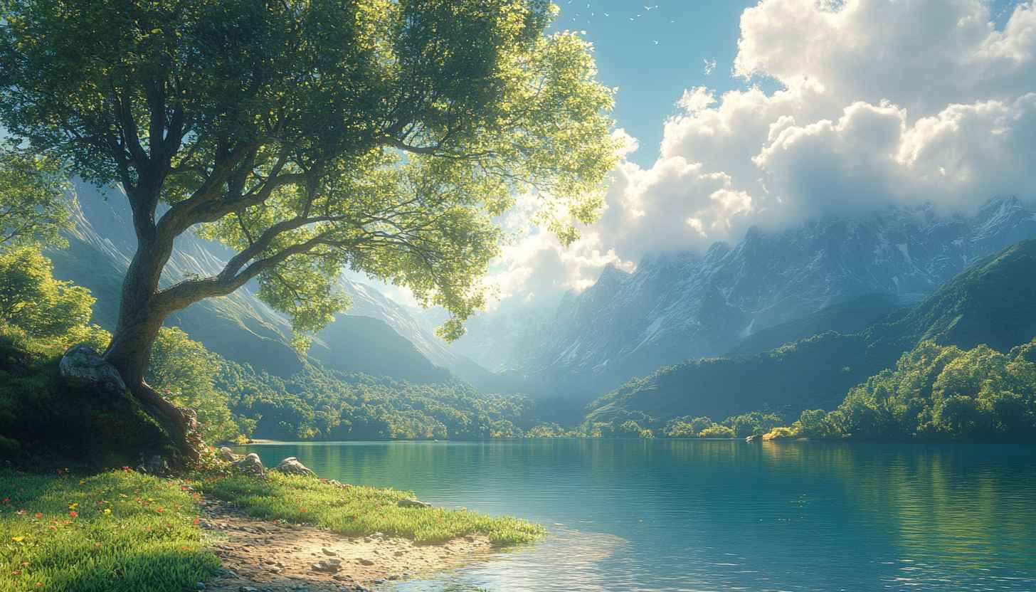 Green Tree Lake and Mountain Landscape 4K Desktop Wallpaper