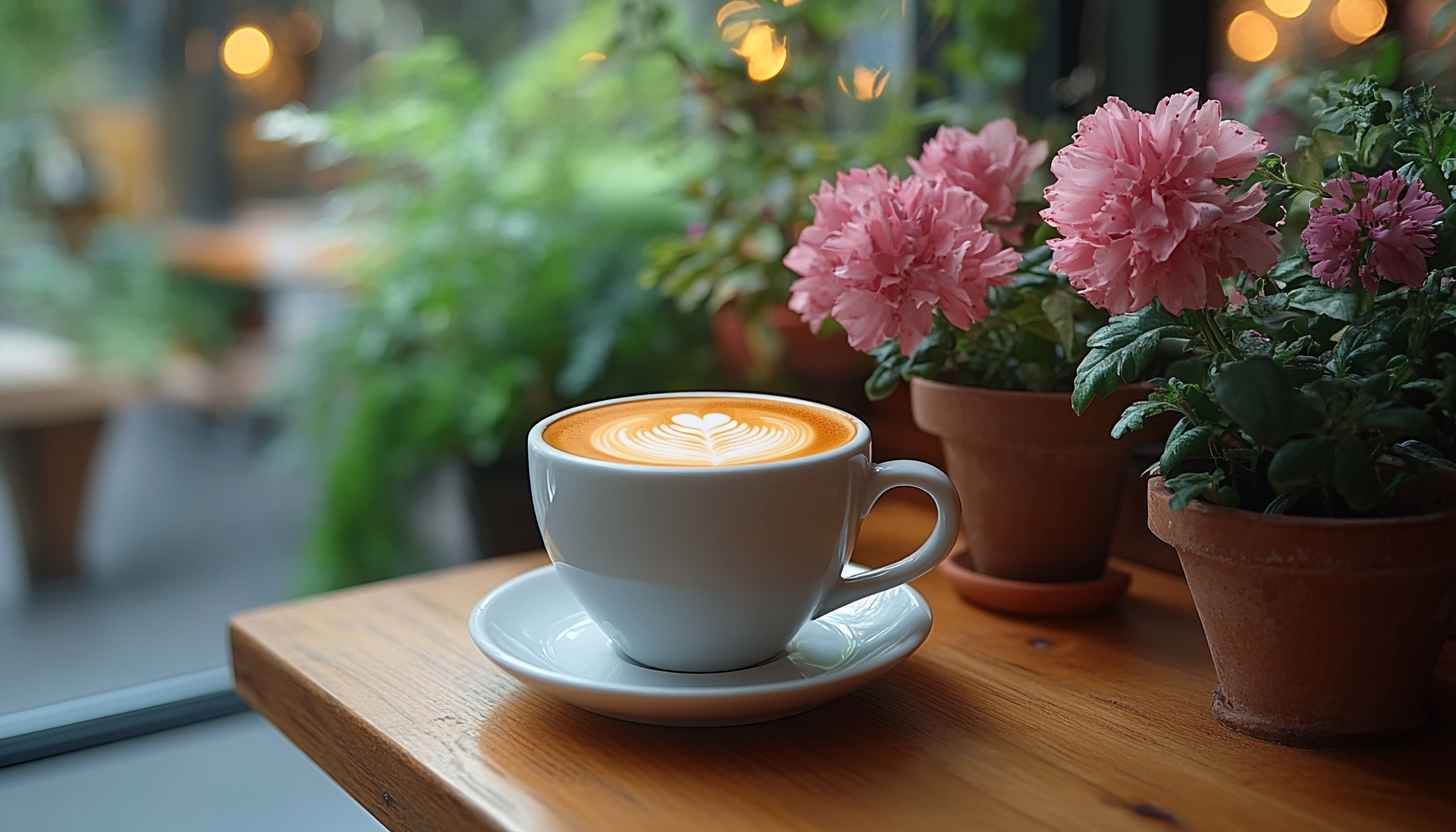 Latte Art Coffee Desktop Wallpaper With Pink Flowers Background HD