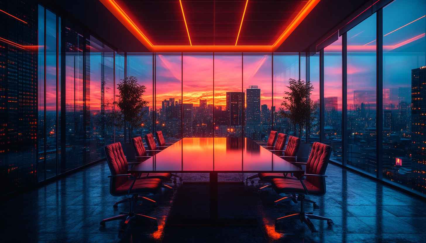 Sunset Cityscape Office 4K Desktop Wallpaper, Modern Meeting Room Background