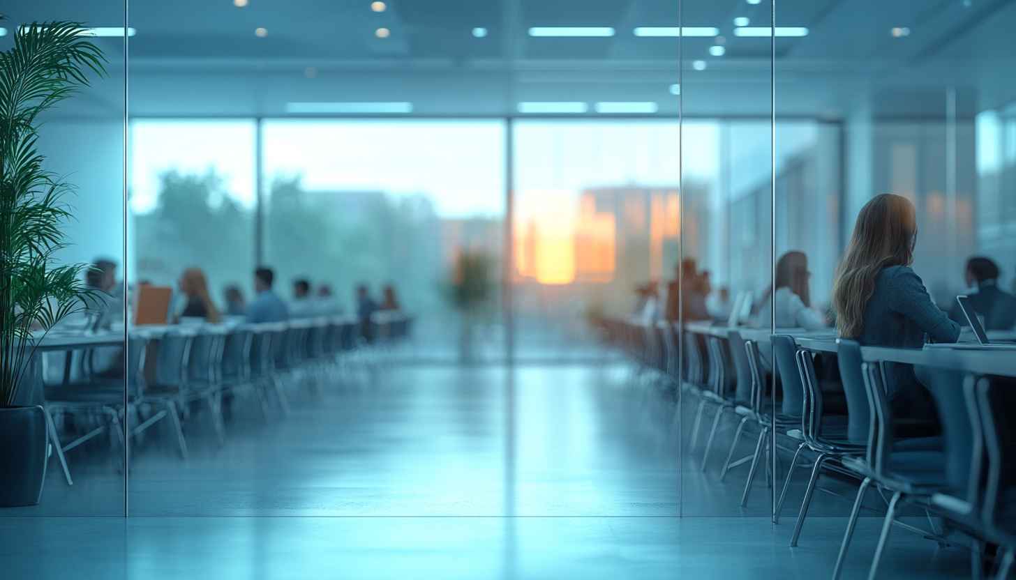 Modern Office Space Sunset View 4K Desktop Background Wallpaper