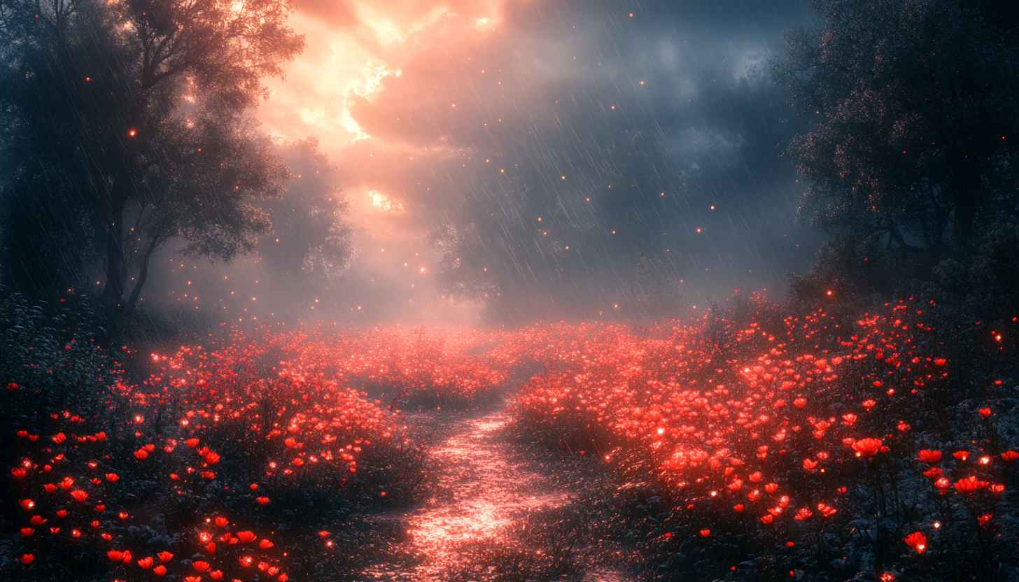 Glowing Red Flowers Field 4K Desktop Background Mobile Wallpaper