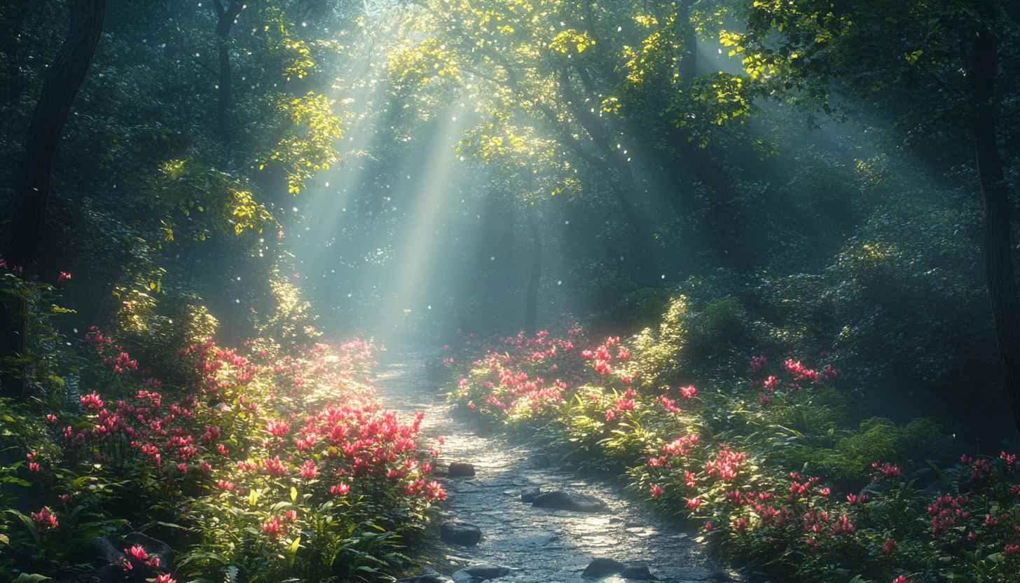 Enchanted Forest Path 4K Desktop Wallpaper, Floral Sunlight Background