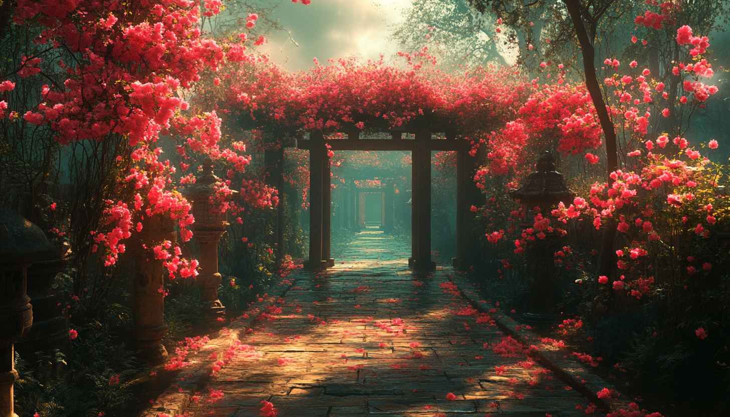 Japanese Garden with Red Blossoms, Free Mobile Desktop Wallpaper