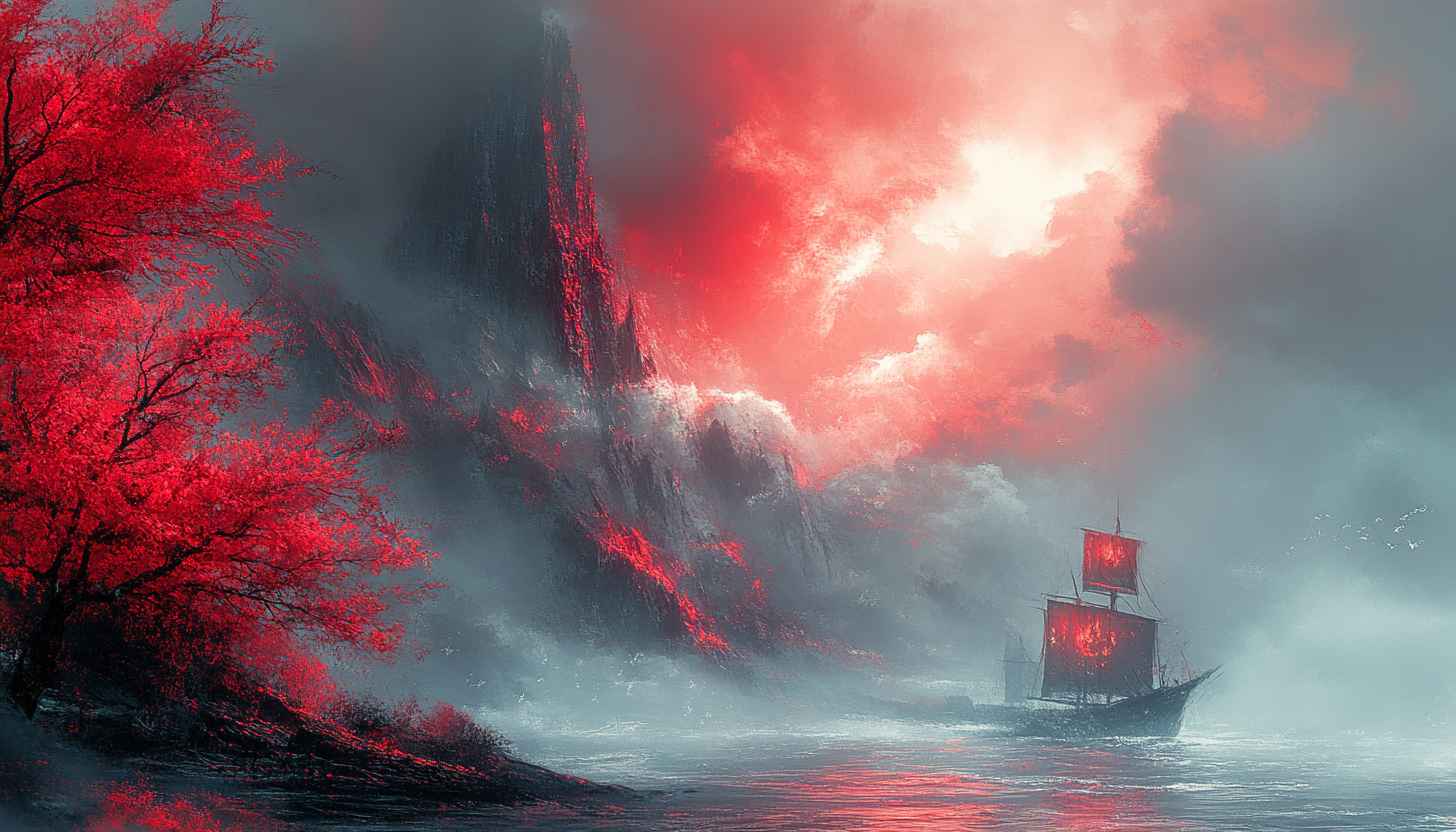 Red Tree Ship Art Mobile Wallpaper and 4K Desktop Background