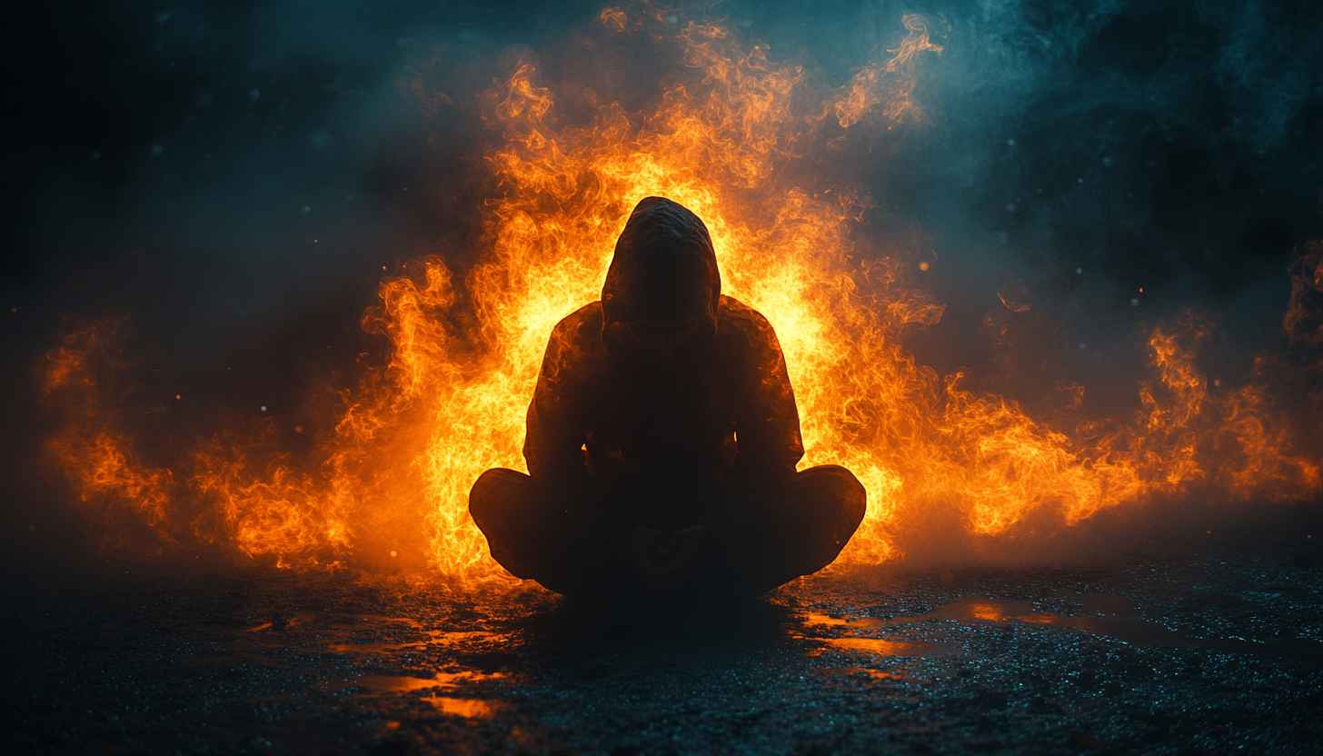 Hooded Figure in Fire 4K Desktop Wallpaper Free To Use