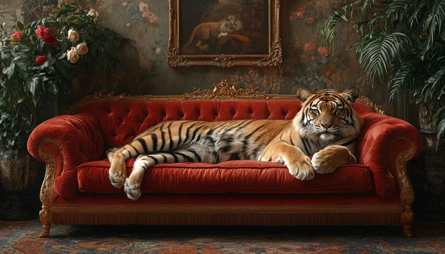 Tiger Lying on Sofa 4K Desktop Wallpaper, Luxury Interior Scene