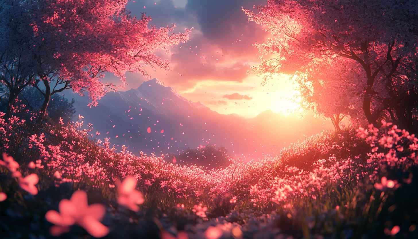 Blooming Pink Flowers With Mountain View Mobile and Desktop Wallpaper