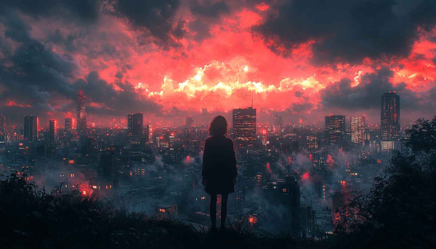 Anime Girl Red Sky Cityscape 4K Desktop Mobile Wallpaper